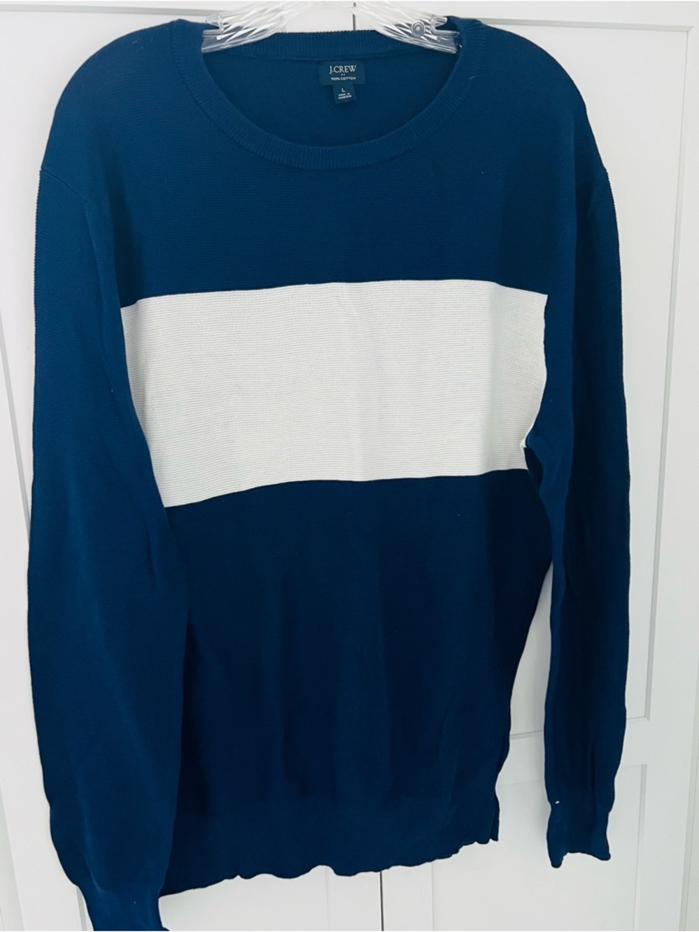 J. Crew Navy Crewneck Sweater with White Chest Stripe 100% Cotton L Fisherman